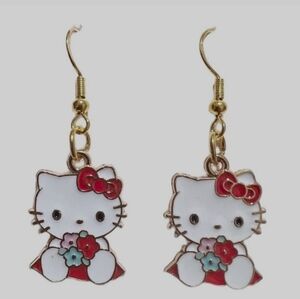 Hello Kitty Charm Earrings White pink bow holding floral bouquet 1”Gold Earwires